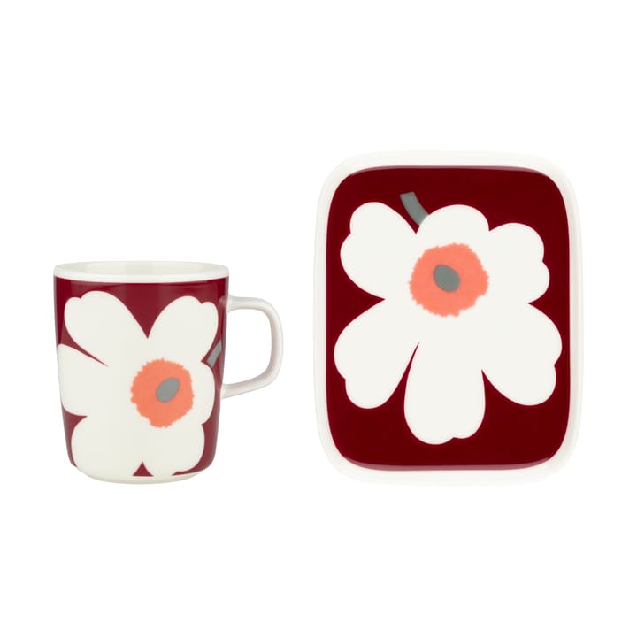 Taza Unikko 60 aniversario 25 cl + plato 12x15 cm - White-dark cherry-ash grey - Marimekko