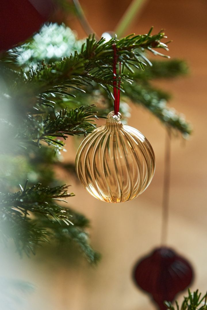 Aquí vemos la bola dorada Clarity de Scandi Living colgando en un árbol. Las decoraciones de vidrio son tan populares desde siempre y no iba a ser menos en 2024.