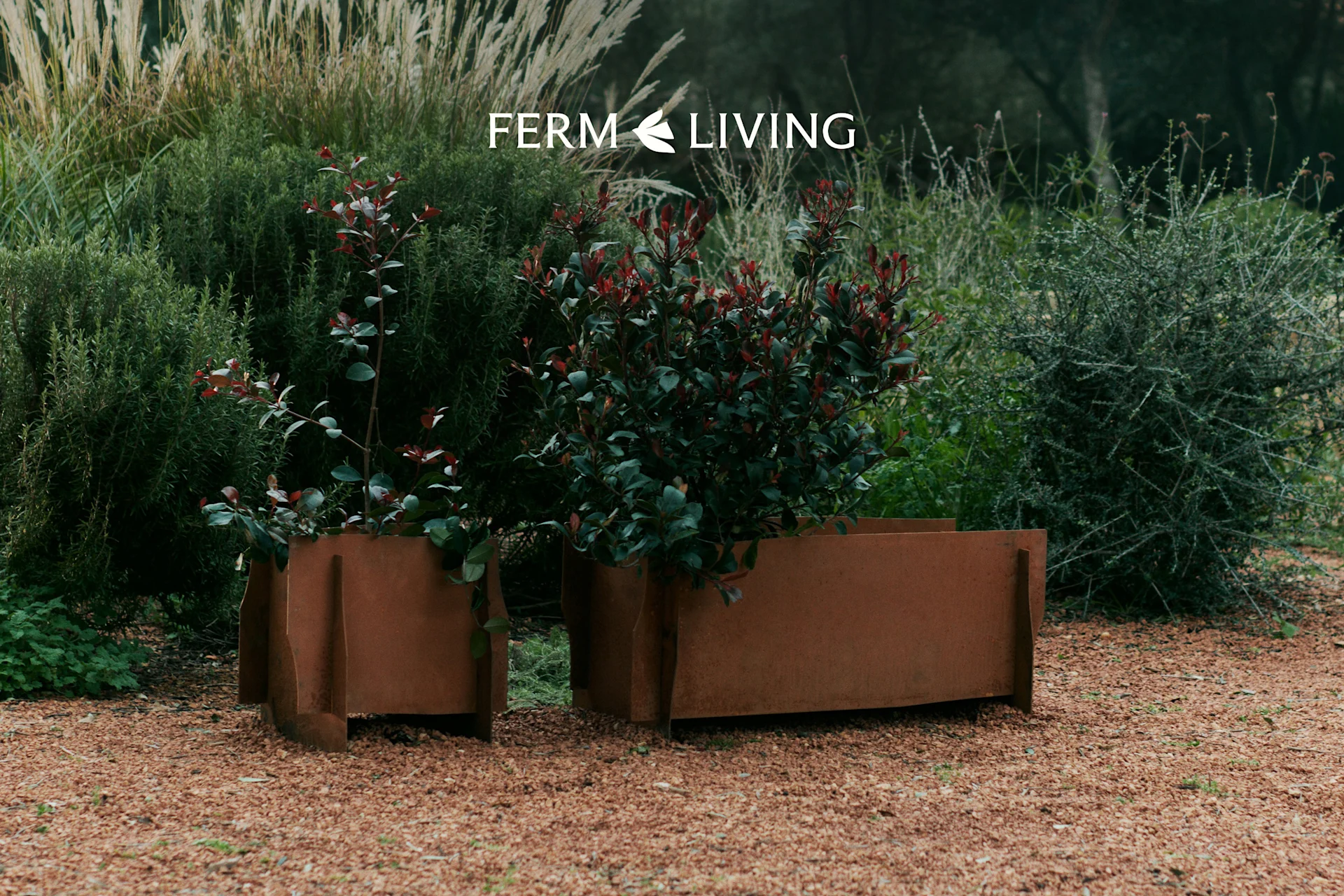 Dos jardineras de metal envejecido con plantas de hojas verdes y rojas sobre grava en un jardín. Logo Ferm Living.