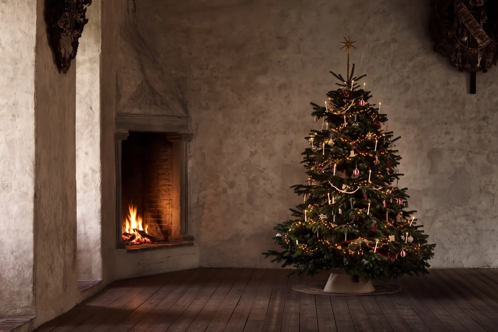 Árbol de Navidad decorado con velas encendidas y adornos en una habitación rústica con chimenea encendida y suelo de madera.