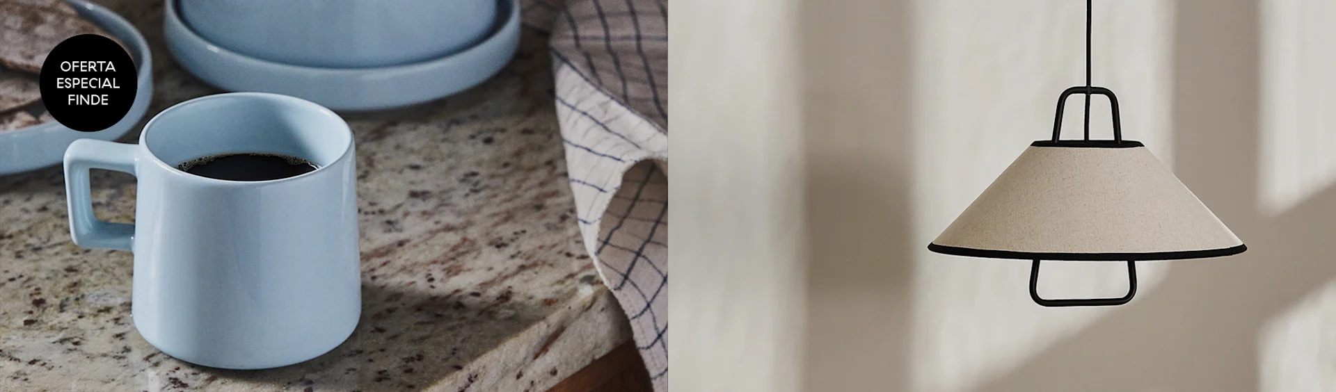 Taza azul claro con café, plato, paño a cuadros y lámpara colgante con pantalla beige; oferta especial de fin de semana.