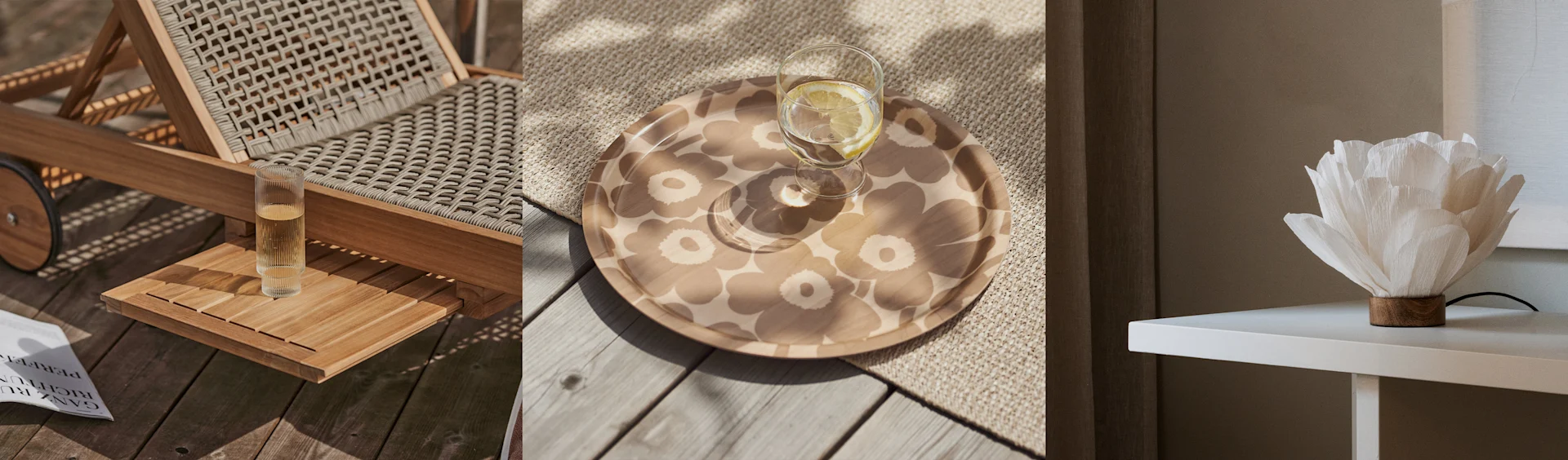 Tres paneles. Izquierda: Tumbona tejida, vaso, revista en madera. Centro: Bandeja floral con bebida. Derecha: Lámpara blanca en forma de flor.