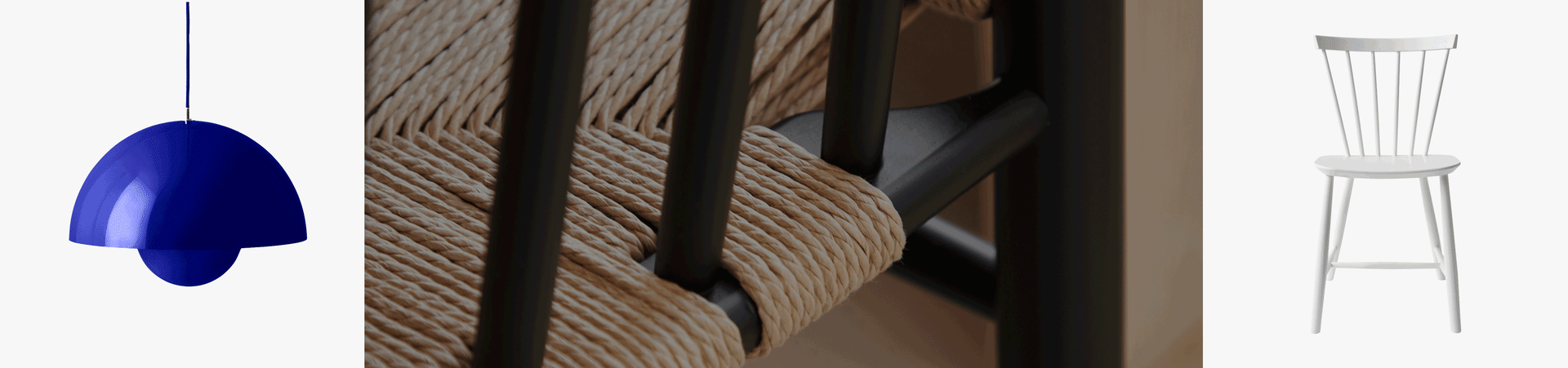 Lámpara colgante azul, primer plano de silla con asiento de fibra natural tejida, y silla blanca de madera con respaldo.