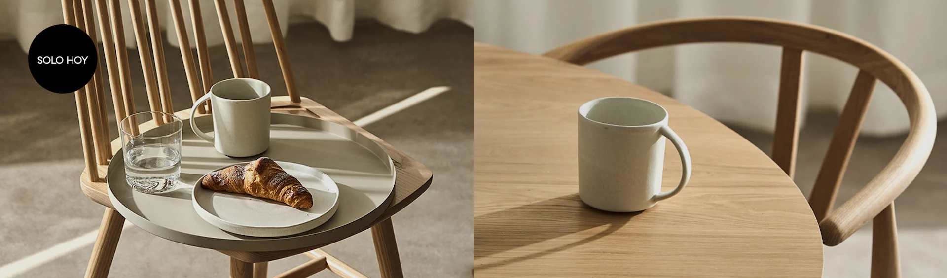Desayuno con cruasán, vaso de agua y taza en una silla de madera y mesa redonda. Insignia "SOLO HOY".