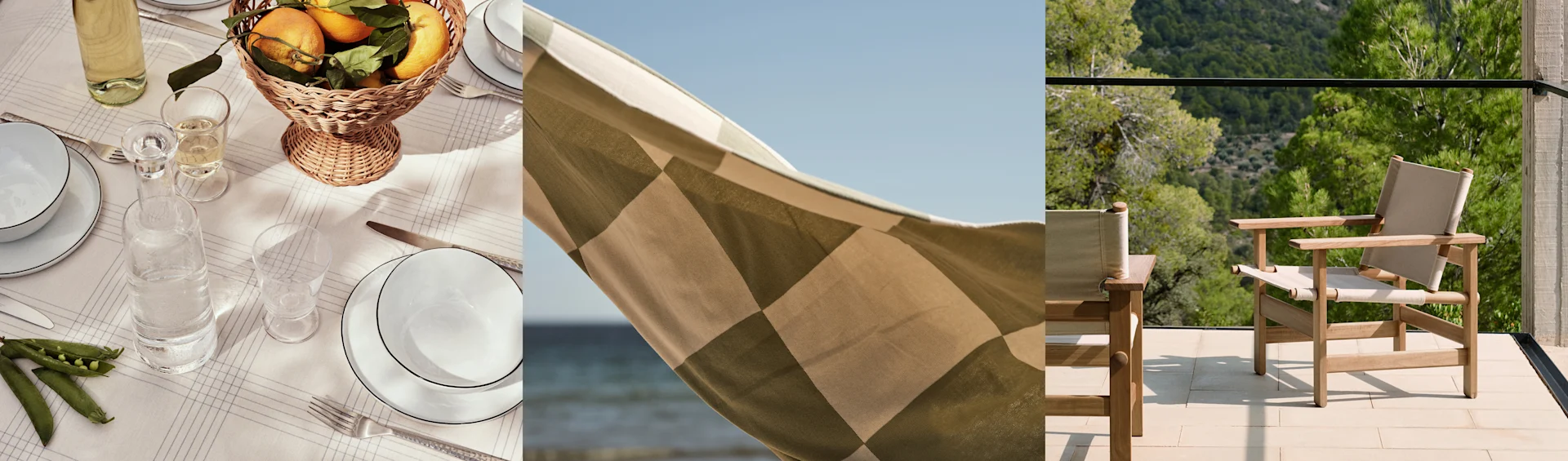 Tres paneles: mesa puesta, tela a cuadros ondeando junto al mar y sillas de madera en un balcón.