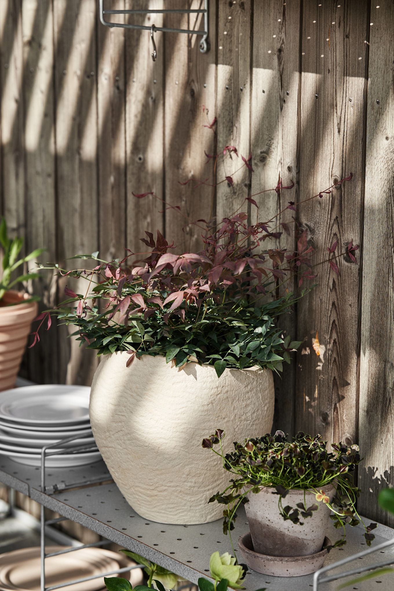 Una estantería de String en una terraza, con la gran maceta de flores Plantas de Audo Copenhagen 