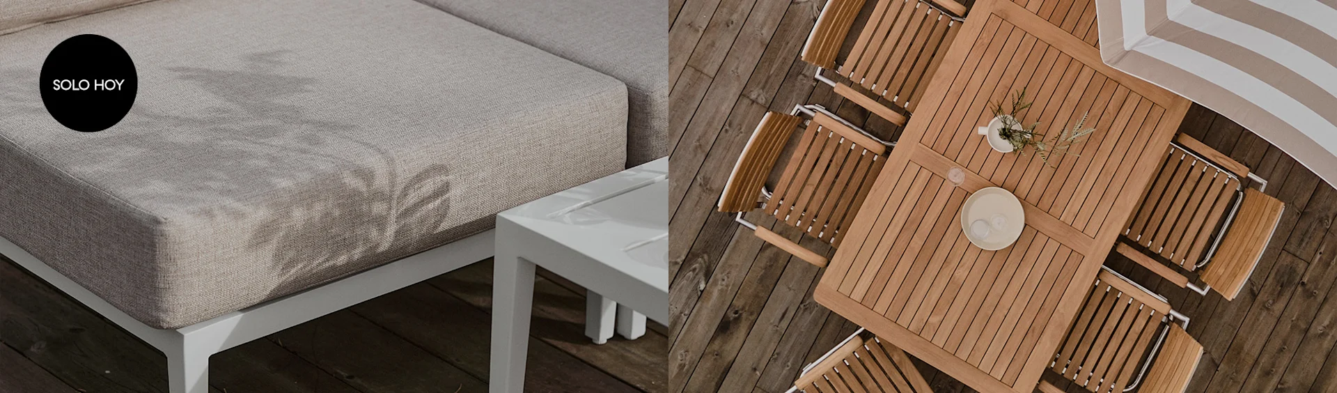 Muebles de exterior: sofá beige con mesa auxiliar blanca y juego de comedor de madera con sombrilla de rayas en un deck.