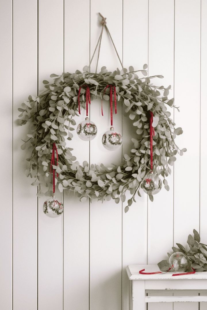 Las bolas de Navidad no solo son adecuadas para decorar el árbol de Navidad, sino que también crean un ambiente navideño fantástico en una corona en la pared.