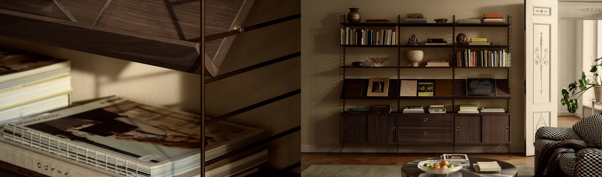 Salón con sistema de estanterías de madera oscura lleno de libros y decoración, un sofá pata de gallo y puerta abierta.