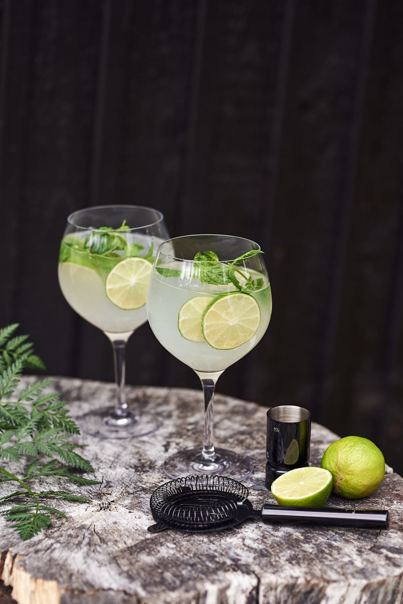 Refrescantes bebidas veraniegas: un gintonic adornado con lima y menta servido en un vaso clásico G&T de Orrefors.